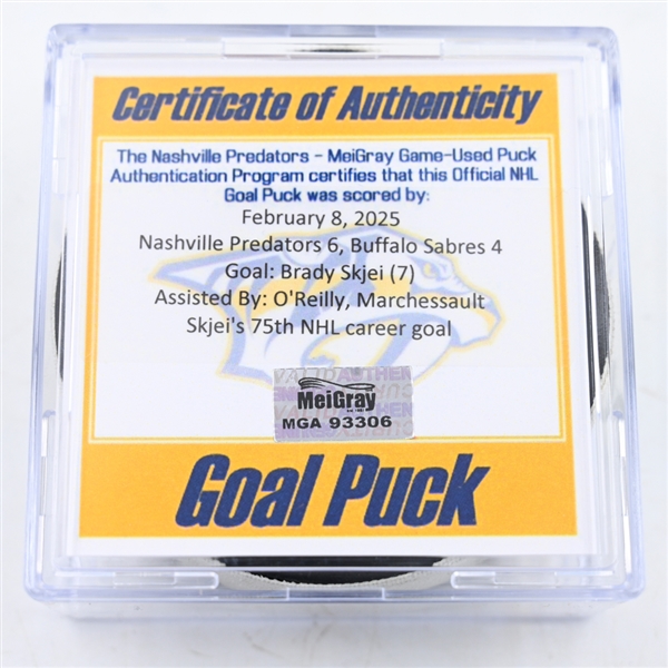 Brady Skjei - Nashville Predators - Goal Puck - February 8, 2025 vs. Buffalo Sabres (Predators Logo)