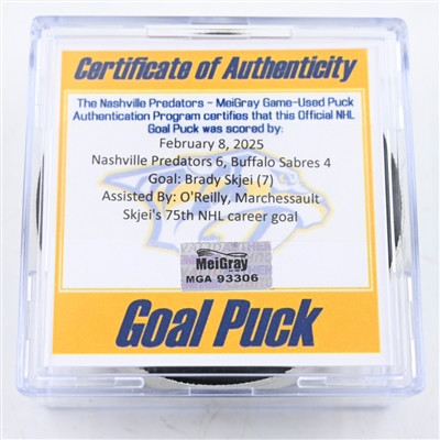 Brady Skjei - Nashville Predators - Goal Puck - February 8, 2025 vs. Buffalo Sabres (Predators Logo)