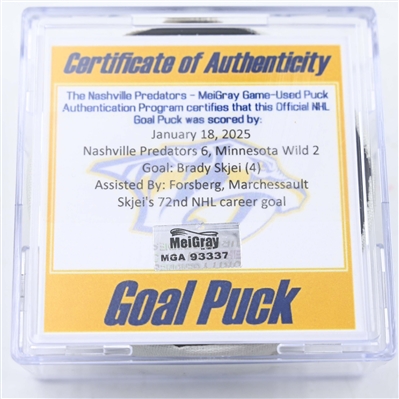 Brady Skjei - Nashville Predators - Goal Puck - January 18, 2025 vs. Minnesota Wild (Predators Logo)