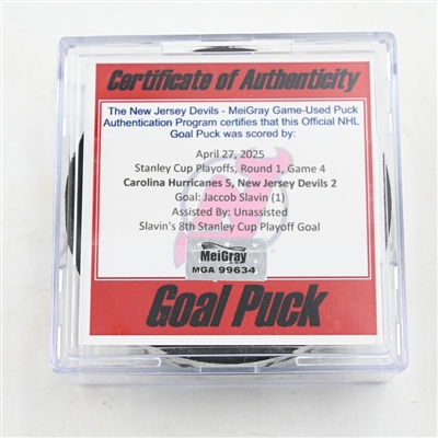Jaccob Slavin - Carolina Hurricanes - Goal Puck - April 27, 2025 vs. New Jersey Devils - 2025 Stanley Cup Playoffs - Round 1, Game 4 (Devils Logo)