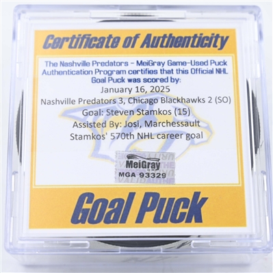 Steven Stamkos - Nashville Predators - Goal Puck - January 16, 2025 vs. Chicago Blackhawks (Predators Logo)