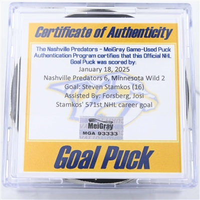 Steven Stamkos - Nashville Predators - Goal Puck - January 18, 2025 vs. Minnesota Wild (Predators Logo)