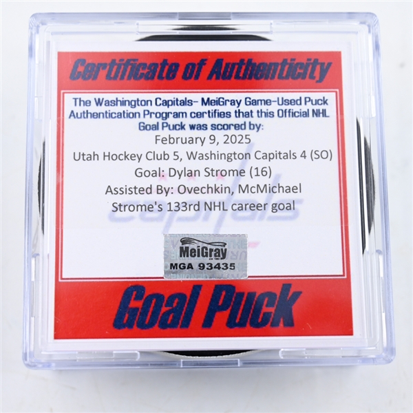 Dylan Strome - Washington Capitals - Goal Puck - February 9, 2025 vs. Utah Hockey Club (Capitals 50th Anniversary Logo)