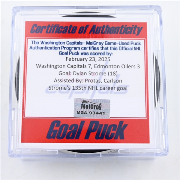 Dylan Strome - Washington Capitals - Goal Puck - February 23, 2025 vs. Edmonton Oilers (Capitals 50th Anniversary Logo)