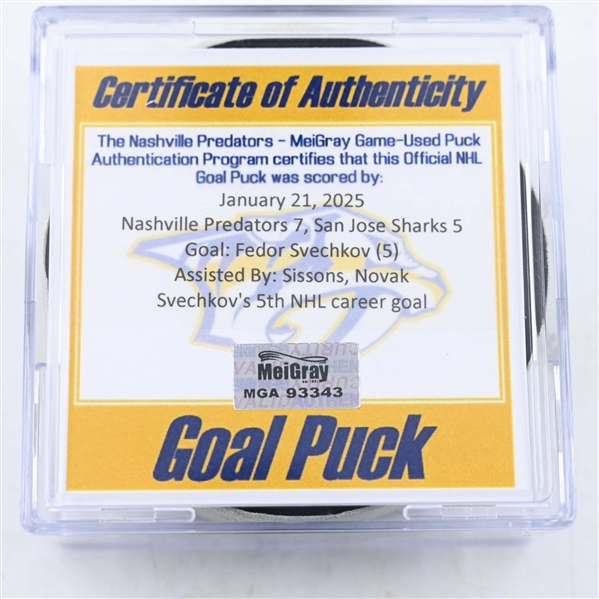 Fedor Svechkov - Nashville Predators - Goal Puck - January 21, 2025 vs. San Jose Sharks (Predators Logo)