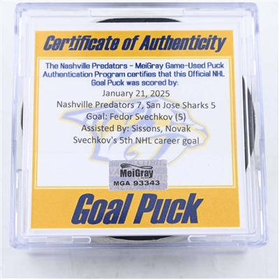Fedor Svechkov - Nashville Predators - Goal Puck - January 21, 2025 vs. San Jose Sharks (Predators Logo)