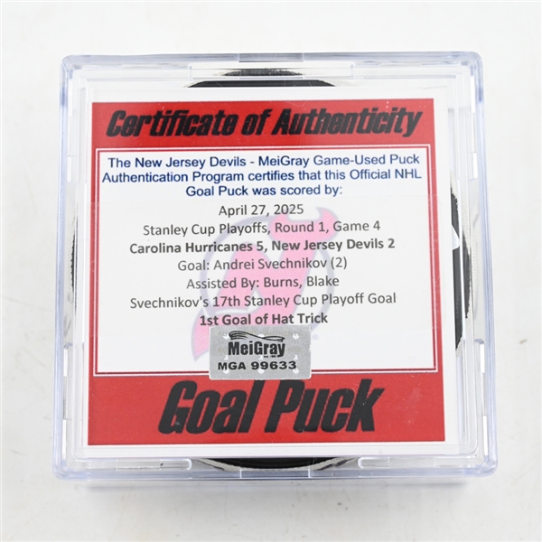 Andrei Svechnikov - Carolina Hurricanes - Goal Puck - April 27, 2025 vs. New Jersey Devils - 2025 Stanley Cup Playoffs - Round 1, Game 4 - 1st Goal of Hat Trick (Devils Logo) 