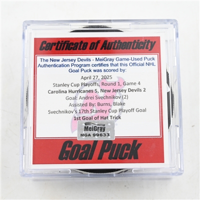 Andrei Svechnikov - Carolina Hurricanes - Goal Puck - April 27, 2025 vs. New Jersey Devils - 2025 Stanley Cup Playoffs - Round 1, Game 4 - 1st Goal of Hat Trick (Devils Logo) 