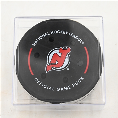 Andrei Svechnikov - Carolina Hurricanes - Goal Puck - April 27, 2025 vs. New Jersey Devils - 2025 Stanley Cup Playoffs - Round 1, Game 4 - 1st Goal of Hat Trick (Devils Logo) 