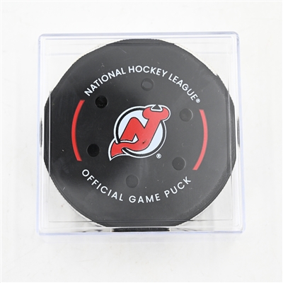 Andrei Svechnikov - Carolina Hurricanes - Goal Puck - April 27, 2025 vs. New Jersey Devils - 2025 Stanley Cup Playoffs - Round 1, Game 4 - 2nd Goal of Hat Trick (Devils Logo)