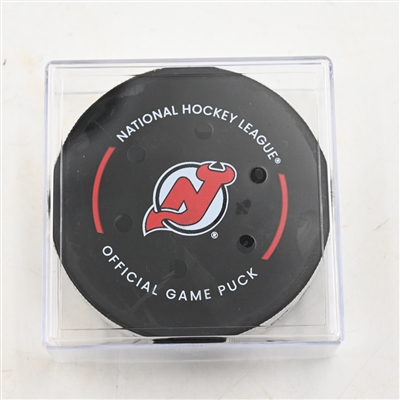 Andrei Svechnikov - Carolina Hurricanes - Goal Puck - April 27, 2025 vs. New Jersey Devils - 2025 Stanley Cup Playoffs - Round 1, Game 4 - 3rd Goal of Hat Trick (Devils Logo)
