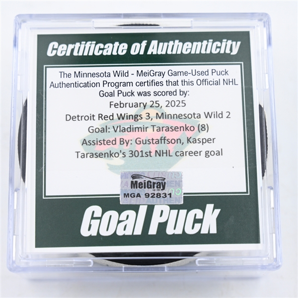 Vladimir Tarasenko - Detroit Red Wings - Goal Puck - February 25, 2025 vs. Minnesota Wild (Wild Logo)