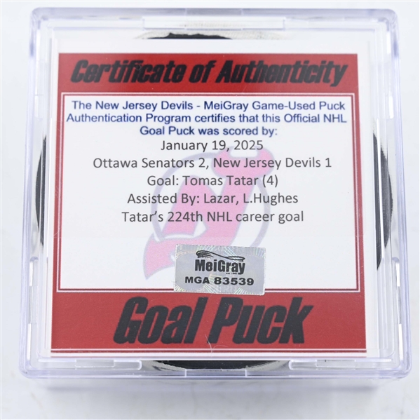 Tomas Tatar - New Jersey Devils - Goal Puck - January 19, 2025 vs. Ottawa Senators (Devils Logo)