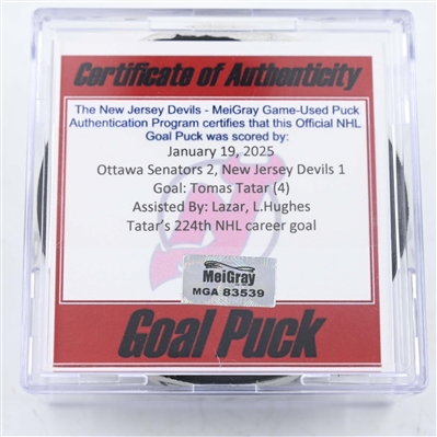Tomas Tatar - New Jersey Devils - Goal Puck - January 19, 2025 vs. Ottawa Senators (Devils Logo)