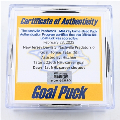 Tomas Tatar - New Jersey Devils - Goal Puck - February 23, 2025 vs. Nashville Predators (Predators Logo)