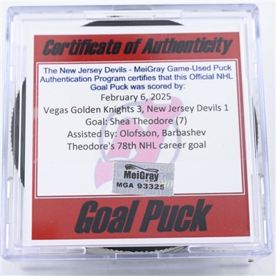 Shea Theodore - Vegas Golden Knights - Goal Puck - February 6, 2025 vs. New Jersey Devils (Devils Logo)