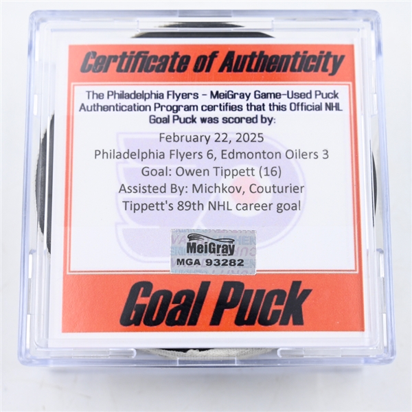 Owen Tippett - Philadelphia Flyers - Goal Puck - February 22, 2025 vs. Edmonton Oilers (Flyers Logo)