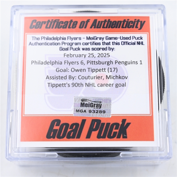 Owen Tippett - Philadelphia Flyers - Goal Puck - February 25, 2025 vs. Pittsburgh Penguins (Flyers Logo)