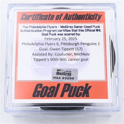 Owen Tippett - Philadelphia Flyers - Goal Puck - February 25, 2025 vs. Pittsburgh Penguins (Flyers Logo)