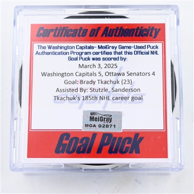 Brady Tkachuk - Ottawa Senators - Goal Puck - March 3, 2025 vs. Washington Capitals (Capitals' 50th Anniversary Logo)