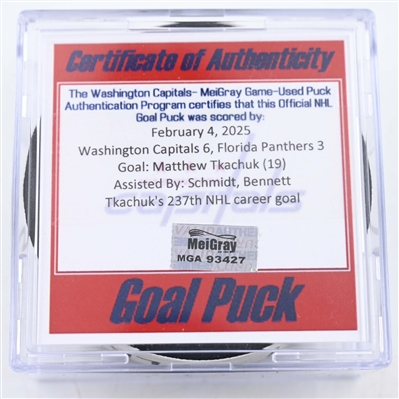 Matthew Tkachuk - Florida Panthers - Goal Puck - February 4, 2025 vs. Washington Capitals (Capitals 50th Anniversary Logo)
