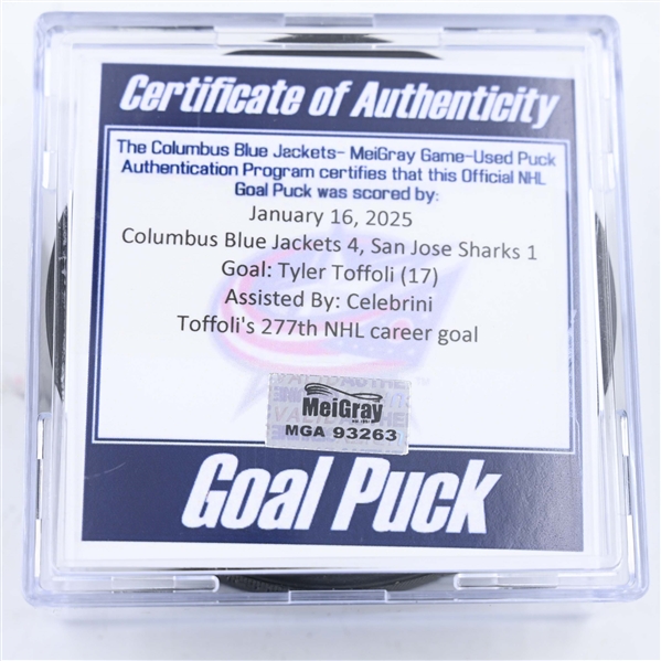 Tyler Toffoli - San Jose Sharks - Goal Puck - January 16, 2025 vs. Columbus Blue Jackets (Blue Jackets Logo)