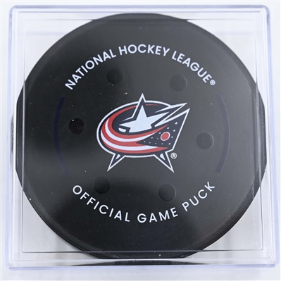 Tyler Toffoli - San Jose Sharks - Goal Puck - January 16, 2025 vs. Columbus Blue Jackets (Blue Jackets Logo)