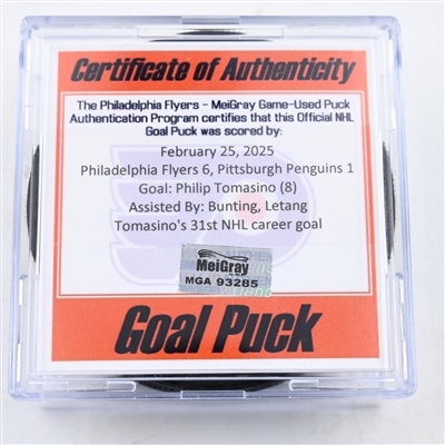 Philip Tomasino - Pittsburgh Penguins - Goal Puck - February 25, 2025 vs. Philadelphia Flyers (Flyers Logo)