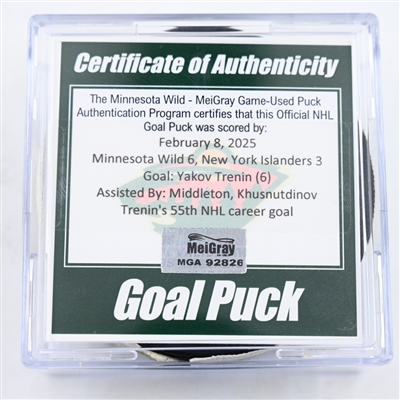 Yakov Trenin - Minnesota Wild - Goal Puck - February 8, 2025 vs. New York Islanders (Wild Logo)