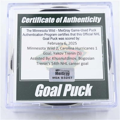 Yakov Trenin - Minnesota Wild - Goal Puck - February 6, 2025 vs. Carolina Hurricanes (Wild Logo)