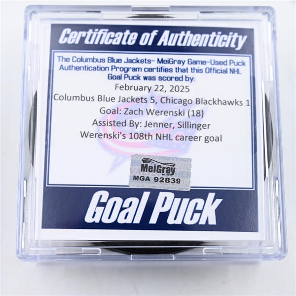 Zach Werenski - Columbus Blue Jackets - Goal Puck - February 22, 2025 vs. Chicago Blackhawks (Blue Jackets Logo)