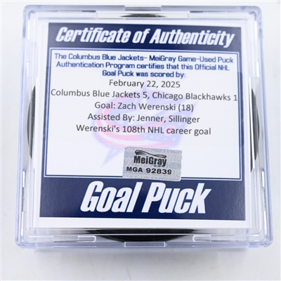 Zach Werenski - Columbus Blue Jackets - Goal Puck - February 22, 2025 vs. Chicago Blackhawks (Blue Jackets Logo)