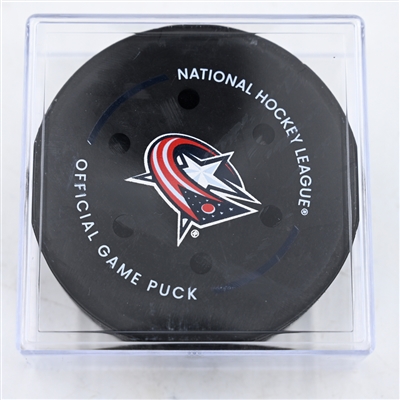 Zach Werenski - Columbus Blue Jackets - Goal Puck - February 22, 2025 vs. Chicago Blackhawks (Blue Jackets Logo)
