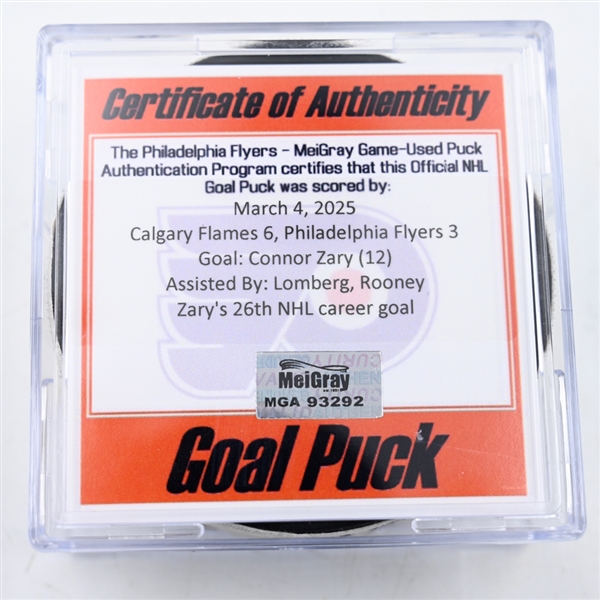 Connor Zary - Calgary Flames - Goal Puck - March 4, 2025 vs. Philadelphia Flyers (Flyers Logo)