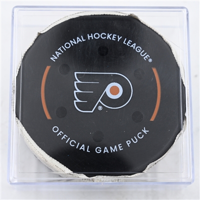 Connor Zary - Calgary Flames - Goal Puck - March 4, 2025 vs. Philadelphia Flyers (Flyers Logo)