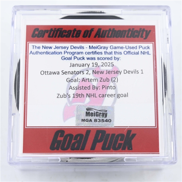 Artem Zub - Ottawa Senators - Goal Puck - January 19, 2025 vs. New Jersey Devils (Devils Logo)
