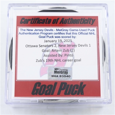 Artem Zub - Ottawa Senators - Goal Puck - January 19, 2025 vs. New Jersey Devils (Devils Logo)