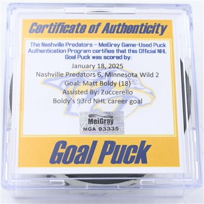 Matt Boldy - Minnesota Wild - Goal Puck - January 18, 2025 vs. Nashville Predators (Predators Logo)