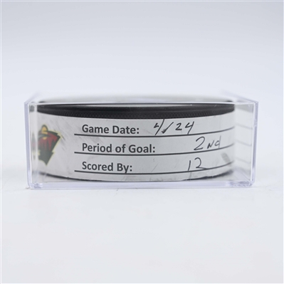 Matt Boldy - Minnesota Wild - Goal Puck - April 24, 2025 vs. Vegas Golden Knights - 2025 Stanley Cup Playoffs, Round 1, Game 3 (Wild Logo)