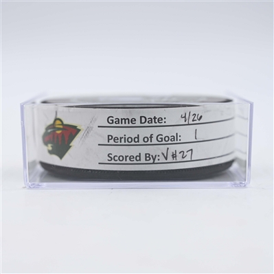 Shea Theodore - Vegas Golden Knights - Goal Puck - April 26, 2025 vs. Minnesota Wild - 2025 Stanley Cup Playoffs, Round 1, Game 4 (Wild Logo)