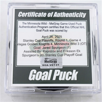 Jared Spurgeon - Minnesota Wild - Goal Puck - April 26, 2025 vs. Vegas Golden Knights - 2025 Stanley Cup Playoffs, Round 1, Game 4 (Wild Logo)