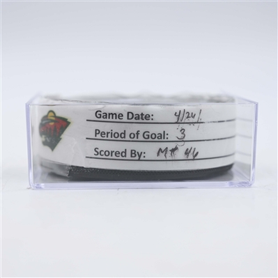 Jared Spurgeon - Minnesota Wild - Goal Puck - April 26, 2025 vs. Vegas Golden Knights - 2025 Stanley Cup Playoffs, Round 1, Game 4 (Wild Logo)