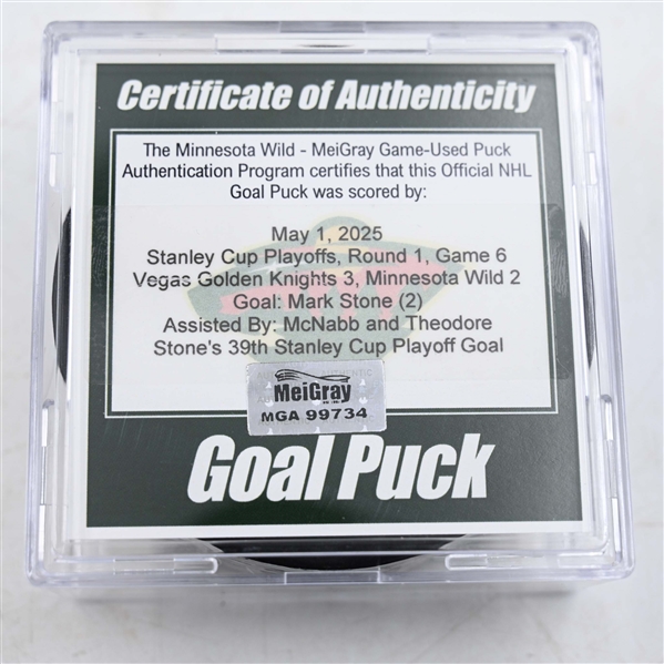 Mark Stone - Vegas Golden Knights - Goal Puck - May 1, 2025 vs. Minnesota Wild - 2025 Stanley Cup Playoffs, Round 1, Game 6 (Wild Logo)