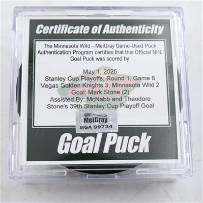 Mark Stone - Vegas Golden Knights - Goal Puck - May 1, 2025 vs. Minnesota Wild - 2025 Stanley Cup Playoffs, Round 1, Game 6 (Wild Logo)