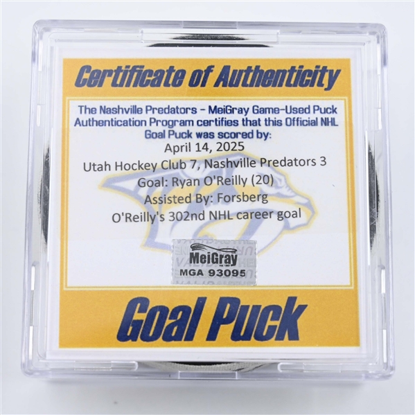 Ryan OReilly - Nashville Predators - Goal Puck - April 14, 2025 vs. Utah Hockey Club (Predators Logo)