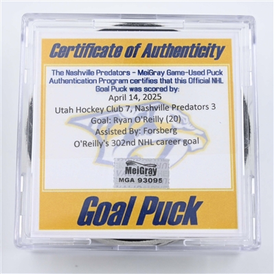 Ryan OReilly - Nashville Predators - Goal Puck - April 14, 2025 vs. Utah Hockey Club (Predators Logo)