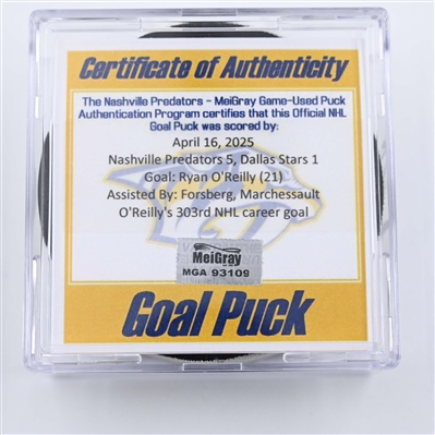 Ryan OReilly - Nashville Predators - Goal Puck - April 16, 2025 vs. Dallas Stars (Predators Logo)