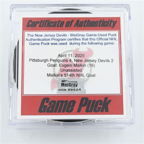 Evgeni Malkin - Pittsburgh Penguins - Goal Puck - April 11, 2025 vs. New Jersey Devils (Devils Logo)