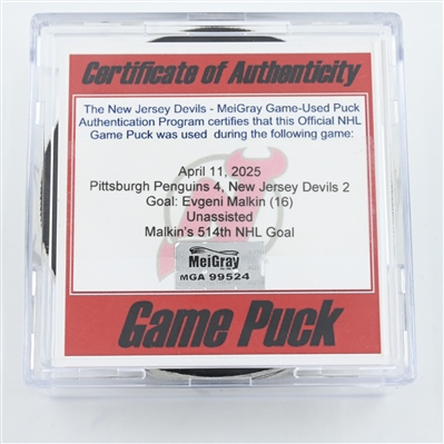 Evgeni Malkin - Pittsburgh Penguins - Goal Puck - April 11, 2025 vs. New Jersey Devils (Devils Logo)