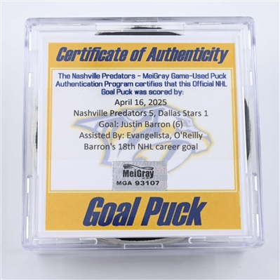 Justin Barron - Nashville Predators - Goal Puck - April 16, 2025 vs. Dallas Stars (Predators Logo)